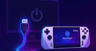 Illustration d’un setup de jeu avec un écran éteint relié par un câble HDMI à une console ROG Ally affichant Moonlight en 1080p, symbolisant le streaming local sans allumer l’écran principal du PC.