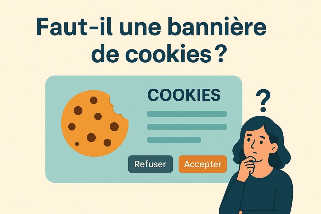 Illustration stylisée représentant une personne devant un ordinateur, s’interrogeant sur la nécessité d’une bannière de cookies. Une balance de justice et des pictogrammes de cookies sont visibles en arrière-plan, symbolisant les enjeux du RGPD.