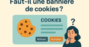 Illustration stylisée représentant une personne devant un ordinateur, s’interrogeant sur la nécessité d’une bannière de cookies. Une balance de justice et des pictogrammes de cookies sont visibles en arrière-plan, symbolisant les enjeux du RGPD.