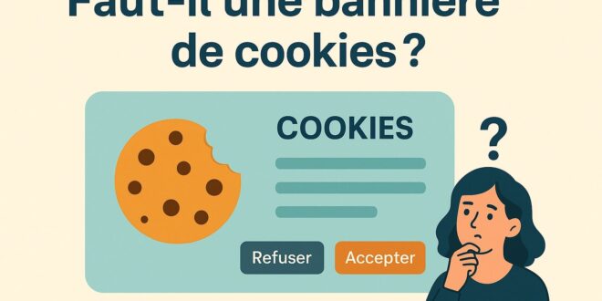 Illustration stylisée représentant une personne devant un ordinateur, s’interrogeant sur la nécessité d’une bannière de cookies. Une balance de justice et des pictogrammes de cookies sont visibles en arrière-plan, symbolisant les enjeux du RGPD.