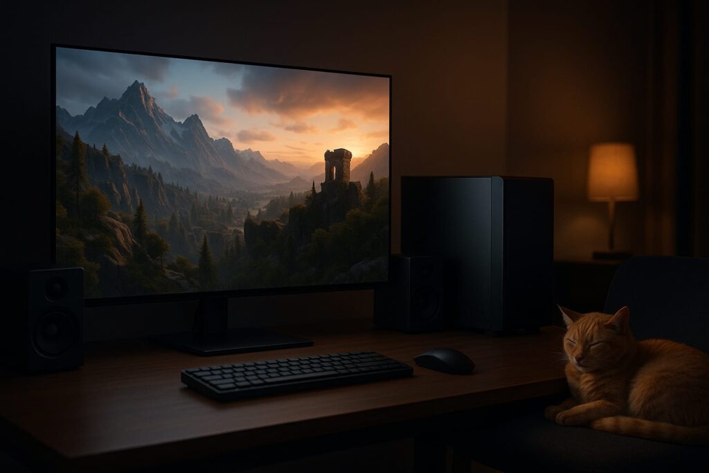 Un bureau sobre dans une pièce sombre accueille un écran OLED affichant un paysage de jeu 4K aux montagnes baignées par la lumière du coucher de soleil. À côté, une tour PC noire minimaliste, des enceintes compactes et un chat roux endormi complètent cette ambiance feutrée et silencieuse, idéale pour le jeu sans compromis.
