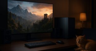 Un bureau sobre dans une pièce sombre accueille un écran OLED affichant un paysage de jeu 4K aux montagnes baignées par la lumière du coucher de soleil. À côté, une tour PC noire minimaliste, des enceintes compactes et un chat roux endormi complètent cette ambiance feutrée et silencieuse, idéale pour le jeu sans compromis.