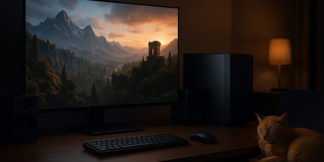 Un bureau sobre dans une pièce sombre accueille un écran OLED affichant un paysage de jeu 4K aux montagnes baignées par la lumière du coucher de soleil. À côté, une tour PC noire minimaliste, des enceintes compactes et un chat roux endormi complètent cette ambiance feutrée et silencieuse, idéale pour le jeu sans compromis.